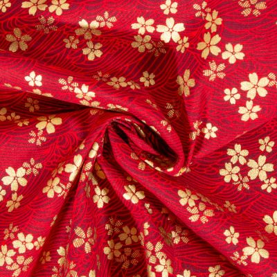 Tissu Coton imprimé Arty Fleurs dorées sur fond Rouge - Par 10 cm