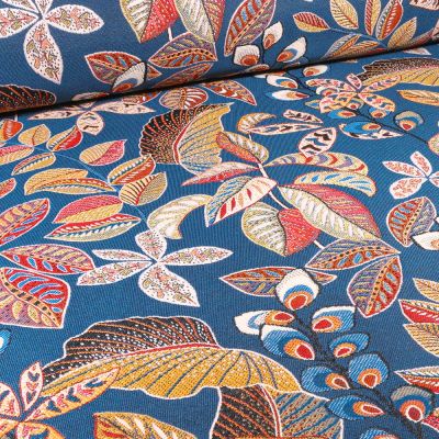 Tissu Jacquard Trésor sur fond Bleu paon - Par 10 cm