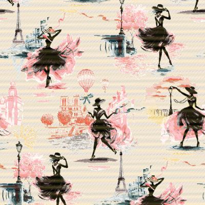 Tissu Jacquard Allover Paris sur fond Blanc cassé - Par 10 cm