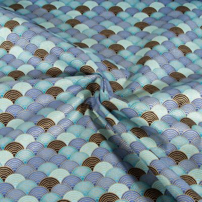 Tissu Coton imprimé Arty Eventails dorés et bleus sur fond Bleu - Par 10 cm