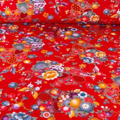 Tissu Coton imprimé Arty Wasabi fleuris sur fond Rouge - Par 10 cm