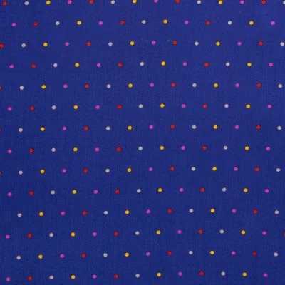 Tissu Viscose imprimé  pois roses, jaunes, rouges et gris sur fond Bleu roi - Par 10 cm