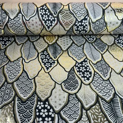 Tissu Jacquard Matcha doré sur fond Gris - Par 10 cm