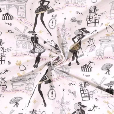 Tissu Coton imprimé Arty Moi Paris Noir, doré et rose sur fond Ecru - Par 10 cm