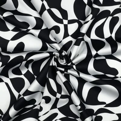 Tissu Coton satiné Iris motif abstrait Noir sur fond Blanc - Par 10 cm