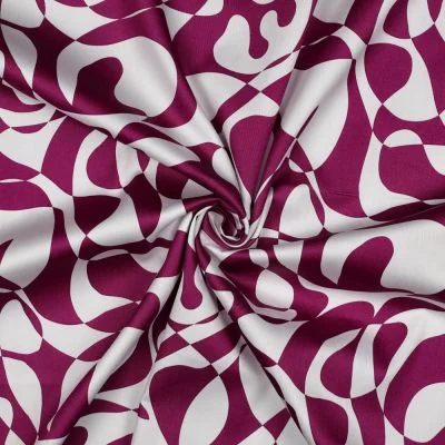 Tissu Coton satiné Iris motif abstrait Violet sur fond Blanc cassé - Par 10 cm