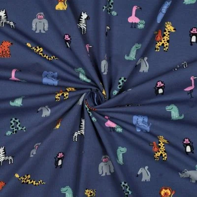 Tissu Jersey Coton imprimé Animaux Pop sur fond Bleu marine - Par 10 cm