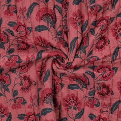 Tissu Double gaze de Coton Matelassé Elea fleurs Mauve réversible sur fond Vieux rose - Par 10 cm