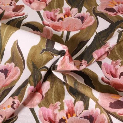 Tissu Toile de Coton Canvas Digital Fleurs botaniques vintage sur fond Ecru - Par 10 cm