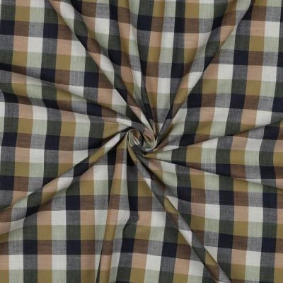Tissu Voile de Coton fil teint imprimé carreaux sur fond Ecru - Par 10 cm