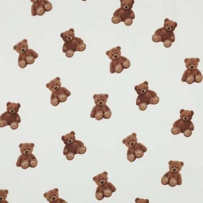 Tissu Jersey Coton Bio digital Ours marrons sur fond Blanc cassé - Par 10 cm