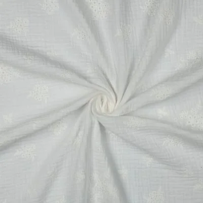 Tissu Double gaze de Coton brodé Fleurs Tia sur fond Blanc - Par 10 cm