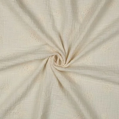 Tissu Double gaze de Coton brodé Fleuris Louisa sur fond Ecru - Par 10 cm