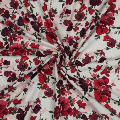 Tissu Viscose EcoVero digital fleurs Rouge sur fond Ecru - Par 10 cm