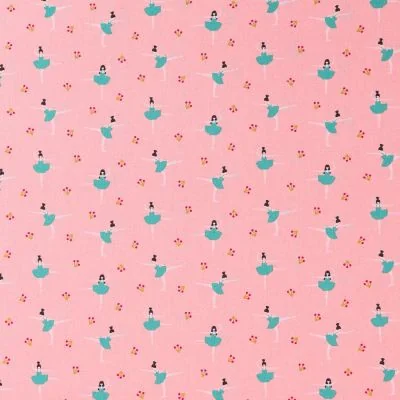 Tissu Popeline Imprimée LittleBird Danseuses Vertes sur fond Rose - Par 10 cm