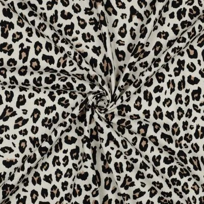 Tissu Viscose Lin imprimé Léopard Noir &amp; Camel sur fond Ecru - Par 10 cm