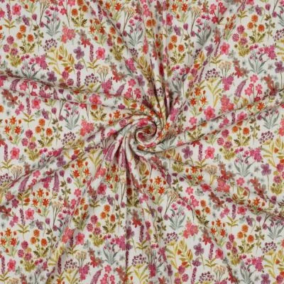 Tissu Jersey Coton côtelé digital jardin champêtre sur fond Ecru - Par 10 cm