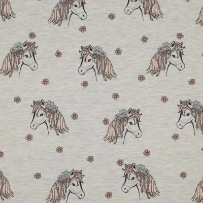 Tissu Sweat léger  Licornes fleurs sur fond Gris chiné - Par 10 cm