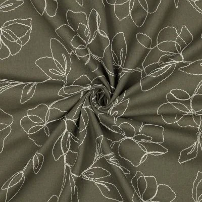 Tissu Lin Viscose Fines fleurs brodées sur fond Vert kaki - Par 10 cm