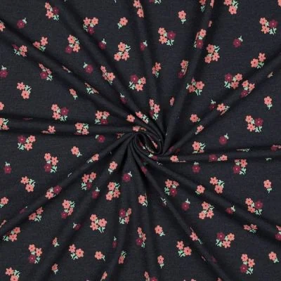 Tissu Jersey Polycoton imprimé Petites Fleurs sur fond Noir - Par 10 cm