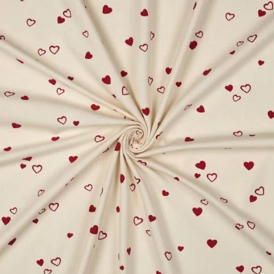 Tissu Jersey Coton imprimé Bio Petits Coeurs Rouges sur fond Ecru - Par 10 cm