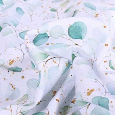 Tissu Viscose Aqua Eucalyptus sur fond Blanc - Par 10 cm
