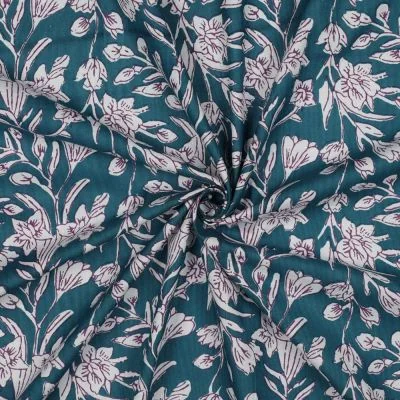 Tissu Coton indien Block print Fleuris Julia sur fond Bleu pétrole - Par 10 cm