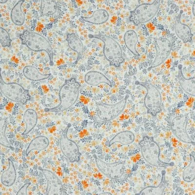 Tissu Double gaze de Coton Paisley fleuris bleu sur fond Blanc cassé - Par 10 cm