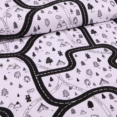 Tissu Toile Coton Circuit voiture sur fond Blanc - Par 10 cm