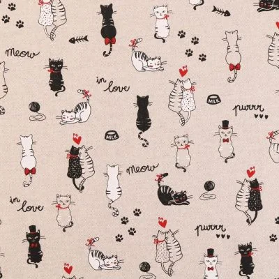 Tissu Toile Coton Aspect Lin Chats amoureux noirs, blancs et rouges sur fond Beige - Par 10 cm