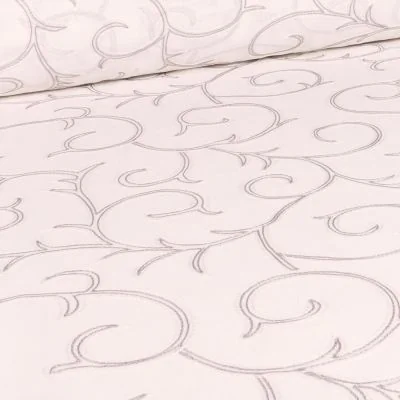 Tissu Voilage grande largeur spirale grise brodé sur fond Blanc cassé - Par 10 cm