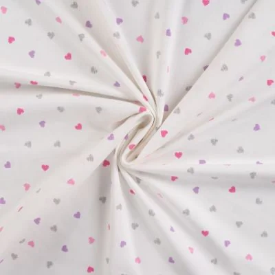 Tissu Jersey Coton Coeurs roses, lilas et argent pailleté sur fond Blanc - Par 10 cm