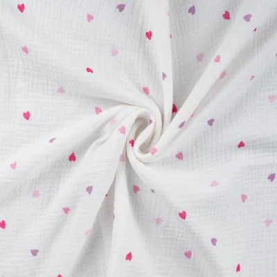 Tissu Double gaze de Coton Petites coeurs roses et parmes sur fond Blanc - Par 10 cm
