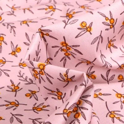 Tissu Coton imprimé Bio Branches sur fond Rose pâle - Par 10 cm