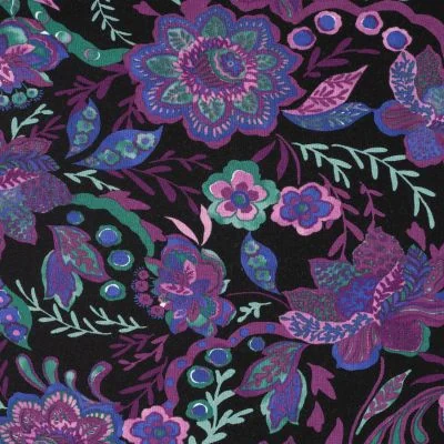 Tissu Jersey Viscose imprimé Fleuris violet sur fond Noir - Par 10 cm