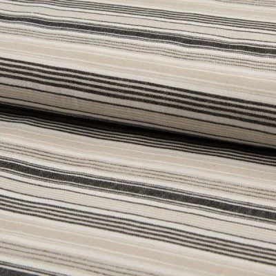 Tissu Viscose Coton et Lin rayé Noir et beige sur fond Beige - Par 10 cm