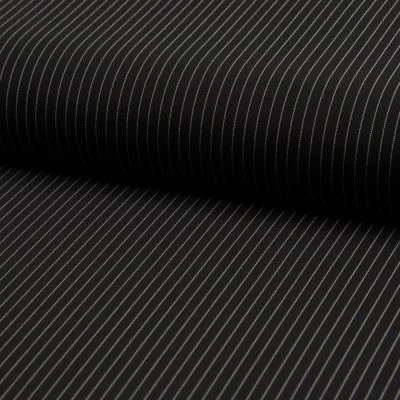 Tissu Gabardine légère et fluide  Rayures fines blanches sur fond Noir - Par 10 cm