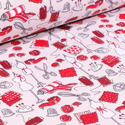 Tissu Coton imprimé Arty Accessoires de couture Rouge sur fond Beige clair - Par 10 cm