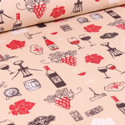 Tissu Coton enduit Arty Vignobles sur fond Beige - Par 10 cm