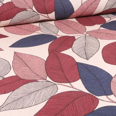 Tissu Toile de Coton Camilia rose sur fond Ecru - Par 10 cm