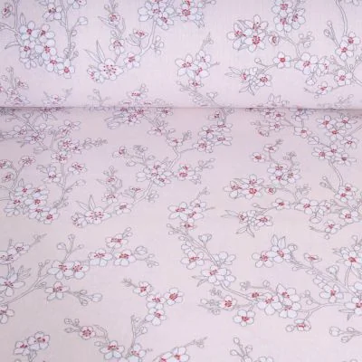 Tissu Coton imprimé Fleur d&#039;amandier sur fond Ecru - Par 10 cm