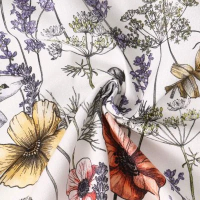 Tissu Toile Canvas Adèle fleurs Jaunes et Rouges sur fond Blanc - Par 10 cm