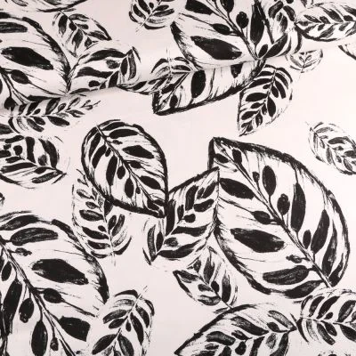 Tissu Coton Satiné extensible Feuilles encre sur fond Blanc - Par 10 cm