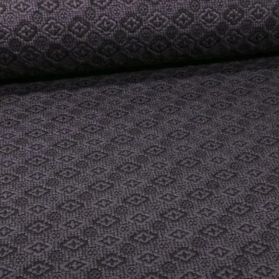 Tissu Maille Jersey losanges et cercles noirs sur fond Bleu marine - Par 10 cm
