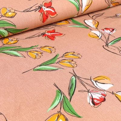Tissu Viscose texturé Tulipes colorées sur fond Cappuccino - Par 10 cm