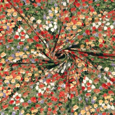 Tissu Jersey Viscose imprimé floral abstrait multicolore sur fond Vert kaki - Par 10 cm