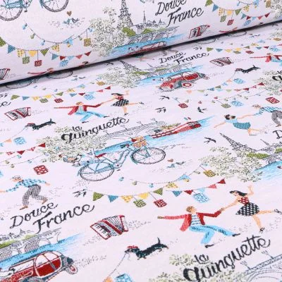 Tissu Jacquard Douce France Guinguette sur fond Blanc - Par 10 cm