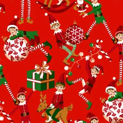 Tissu Coton imprimé Lutin de Noël sur fond Rouge - Par 10 cm