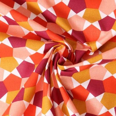 Tissu Popeline de Coton  Nora cubes imbriqués Bordeaux sur fond Blanc - Par 10 cm